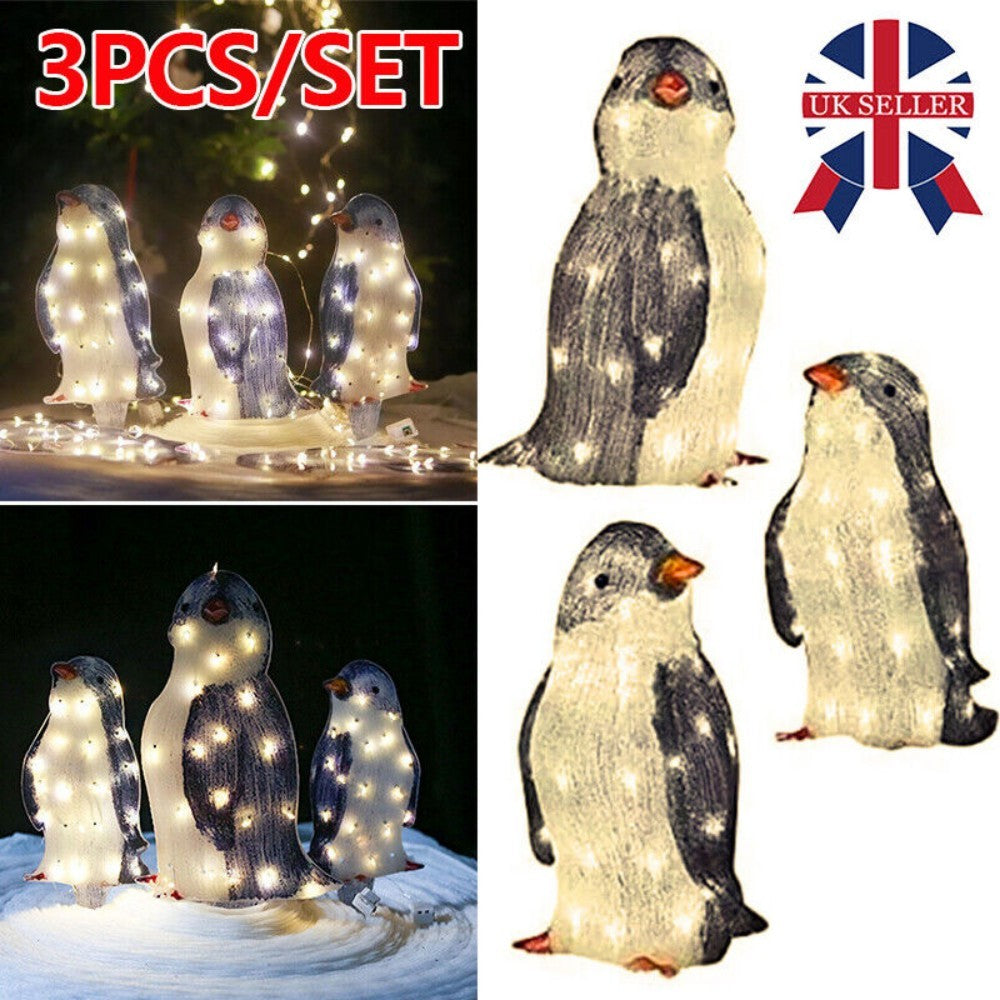 Set of 3 Christmas Penguin LED Decorations – Acrylic Light-Up Figurines for Indoor & Outdoor Holiday Display