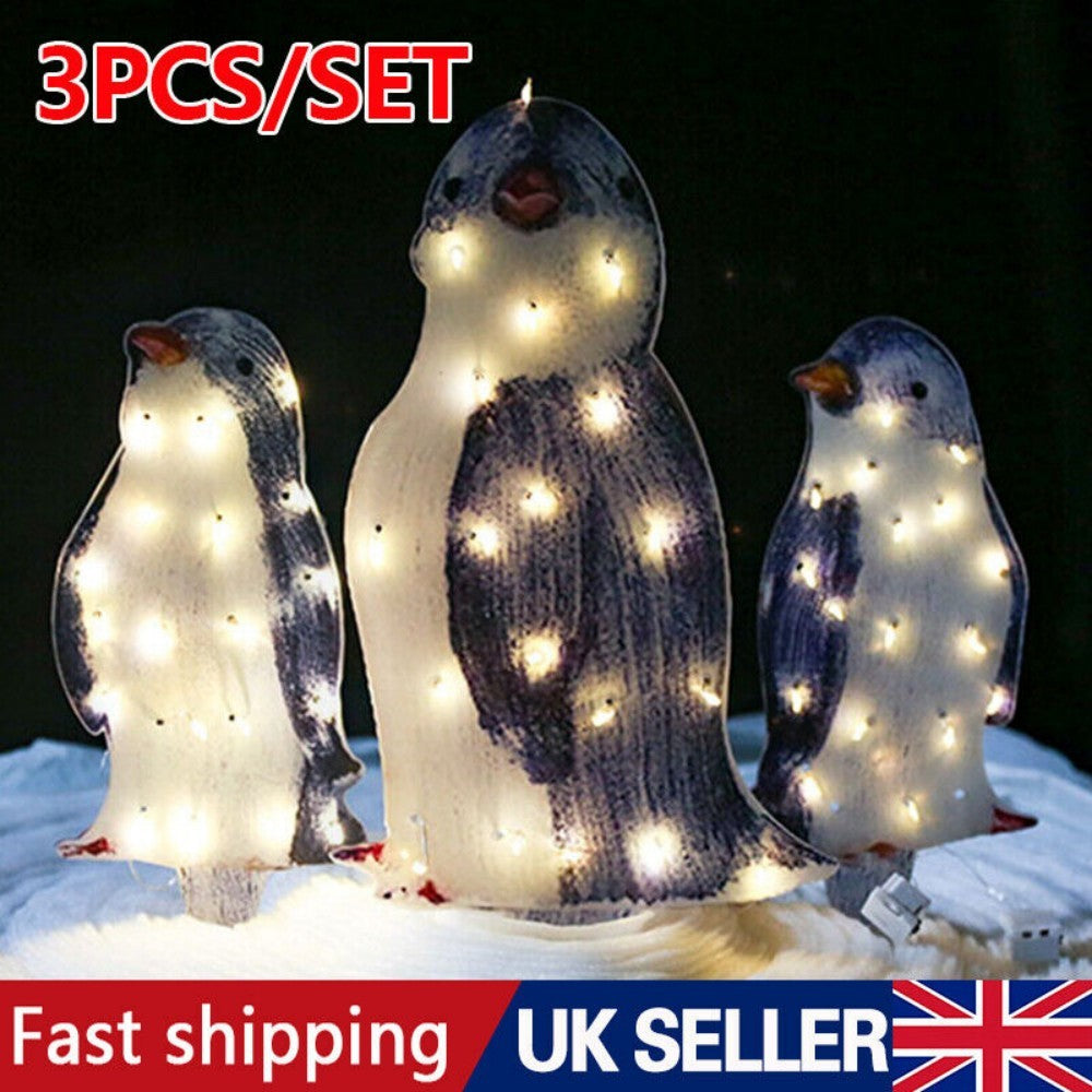 Set of 3 Christmas Penguin LED Decorations – Acrylic Light-Up Figurines for Indoor & Outdoor Holiday Display