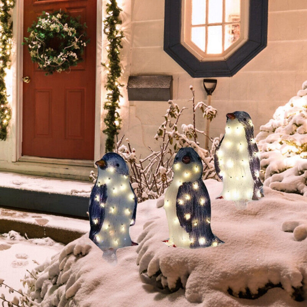 Set of 3 Christmas Penguin LED Decorations – Acrylic Light-Up Figurines for Indoor & Outdoor Holiday Display